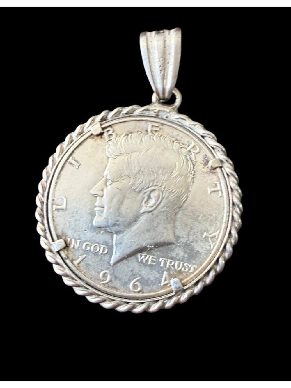Vintage 1964 Kennedy Half Dollar 90% Silver Coin Pendant Rope Bezel Sterling